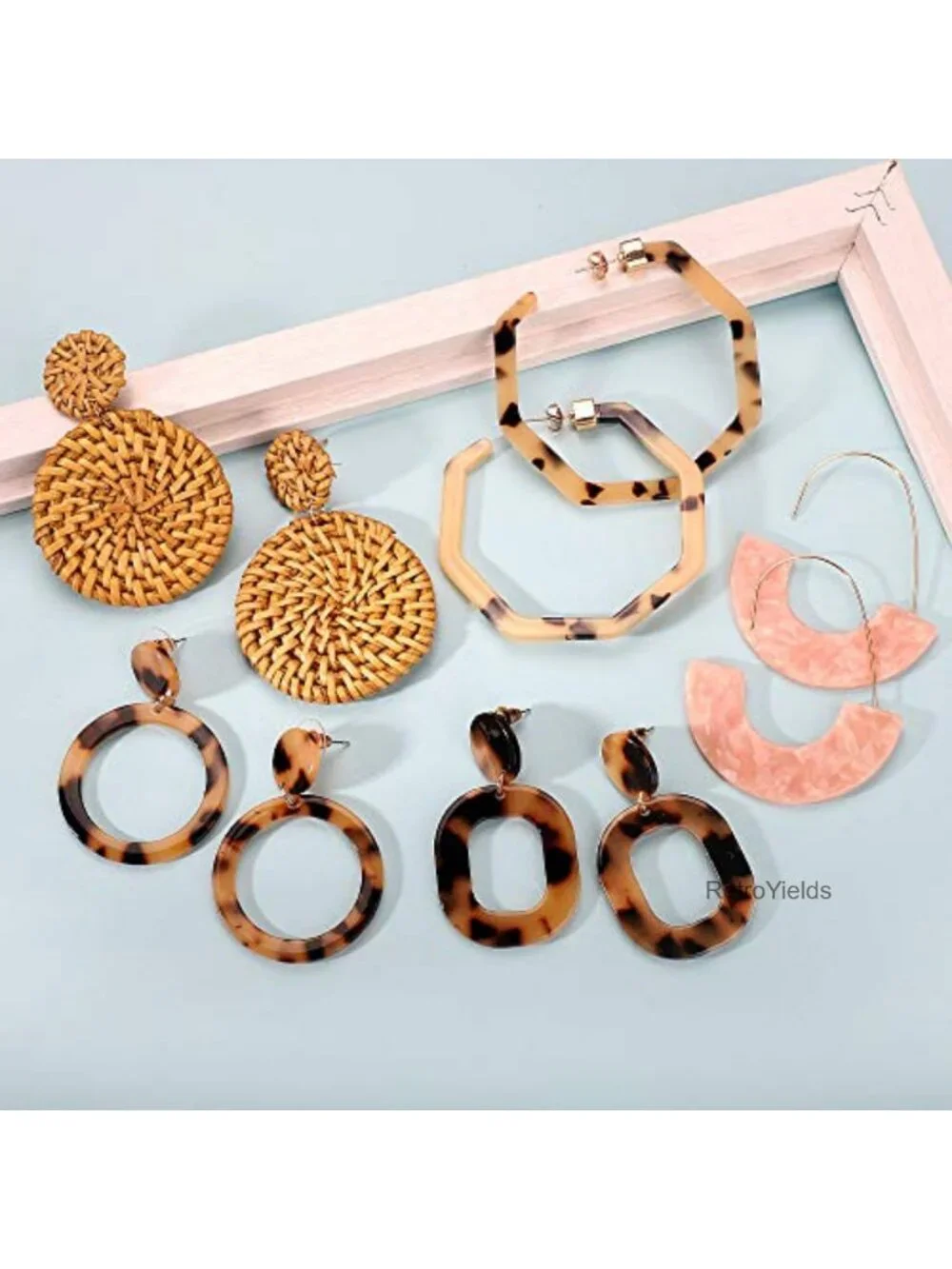 Boho Drop Dangle Earrings Set 9 Pairs Rattan Acrylic Statement Jewelry Women
